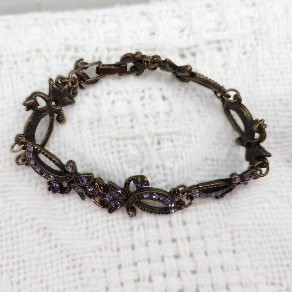 Vintage Bronze & Rhinestone Bracelet - Picture 1 of 6